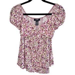 Just Polly Womens Baby Doll Top Size S Floral Puff Sleeve Y2K Cottagecore Garden